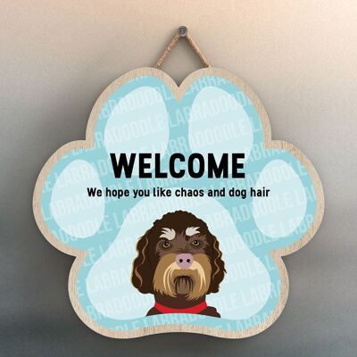 P5532 - Labradoodle Welcome Chaos And Dog Hair Katie Pearson Artworks Plaque à suspendre avec empreinte de patte