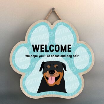 P5537 - Rottweiler Welcome Chaos And Dog Hair Katie Pearson Artworks Plaque à suspendre avec empreinte de patte 1