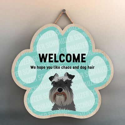 P5538 - Schnauzer Welcome Chaos And Dog Hair Katie Pearson Artworks Pawprint Hanging Plaque