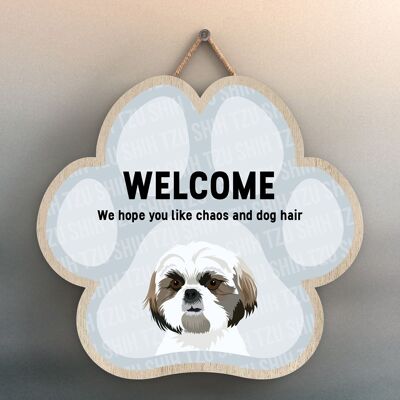 P5539 - Shih Tzu Welcome Chaos And Dog Hair Katie Pearson Artworks Pawprint Hanging Plaque