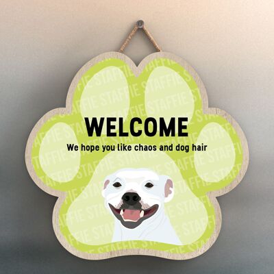 P5544 - Staffie Welcome Chaos And Dog Hair Katie Pearson Artworks Pawprint Hanging Plaque