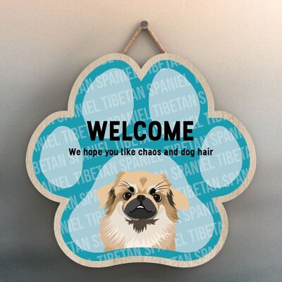 P5545 – Tibetan Spaniel Welcome Chaos and Dog Hair Katie Pearson Artworks Pawprint Hanging Plaque