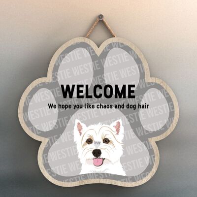 P5546 - Westie Welcome Chaos And Dog Hair Katie Pearson Artworks Pawprint Hanging Plaque