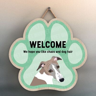 P5547 – Whippet Welcome Chaos und Hundehaar Katie Pearson Artworks Pawprint Hanging Plaque