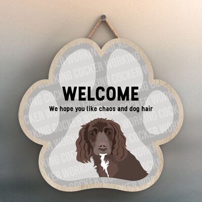 P5548 – Working Cocker Welcome Chaos and Dog Hair Katie Pearson Artworks Pawprint Hanging Plaque