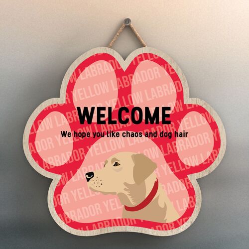 P5549 - Yellow Labrador Welcome Chaos And Dog Hair Katie Pearson Artworks Pawprint Hanging Plaque