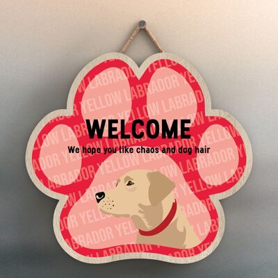 P5549 - Yellow Labrador Welcome Chaos e peli di cane Katie Pearson Artworks Pawprint Hanging Plaque