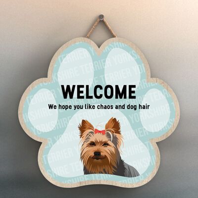 P5550 – Yorkshire Terrier Welcome Chaos und Hundehaar Katie Pearson Artworks Pawprint Hanging Plaque