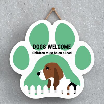P5551 - Basset Hound Dogs Welcome Children On Leads Katie Pearson Artworks Pawprint Hanging Plaque