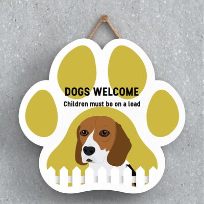 P5553 - Perros Beagle dan la bienvenida a los niños con correas Katie Pearson Artworks Pawprint Placa colgante