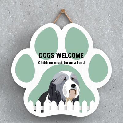 P5555 - I cani Bearded Collie accolgono i bambini al guinzaglio Katie Pearson Artworks Pawprint Hanging Plaque