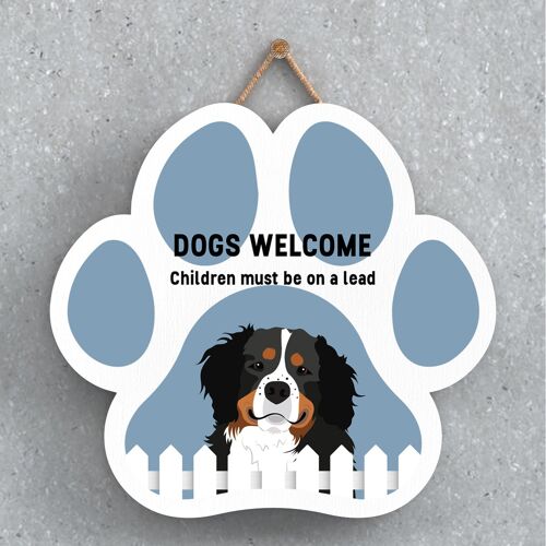 P5561 - Bernese Mountain Dogs Welcome Children On Leads Katie Pearson Artworks Pawprint Hanging Plaque