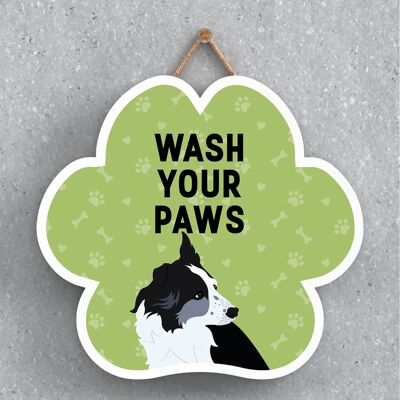 P5566 - Border Collie Dog Wash Your Paws Katie Pearson Artworks Pawprint Hanging Plaque