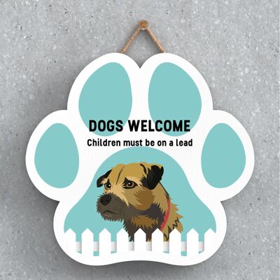 P5567 - I cani Border Terrier accolgono i bambini al guinzaglio Katie Pearson Opere d'arte Pawprint Placca da appendere