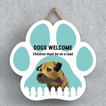 P5567 - Border Terrier Dogs Welcome Children On Leads Katie Pearson Artworks Plaque à suspendre avec empreinte de patte 1