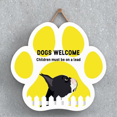 P5569 - Boston Terrier Dogs Welcome Children On Leads Katie Pearson Artworks Placa para colgar con huellas de patas