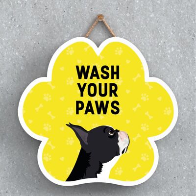 P5570 - Boston Terrier Dog Wash Your Paws Katie Pearson Artworks Pawprint Hanging Plaque