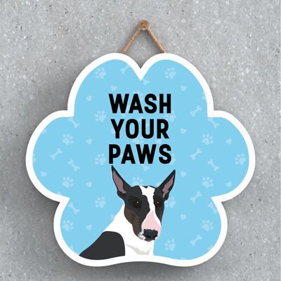 P5572 - Bull Terrier Dog Wash Your Paws Katie Pearson Artworks Pawprint Hanging Plaque