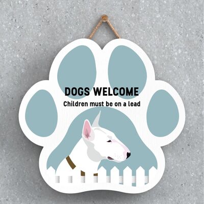 P5573 - Bull Terrier Dogs Welcome Children On Leads Katie Pearson Artworks Pawprint Hanging Plaque