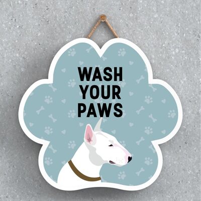 P5574 - Bull Terrier Dog Wash Your Paws Katie Pearson Artworks Pawprint Hanging Plaque