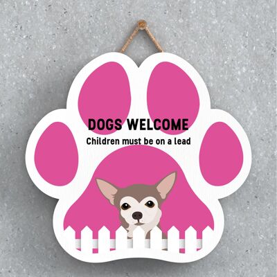 P5577 - Perros Chihuahua dan la bienvenida a los niños con correas Katie Pearson Artworks Pawprint Placa colgante