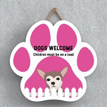 P5577 - Chihuahua Dogs Welcome Children On Leads Katie Pearson Artworks Plaque à suspendre avec empreinte de patte 1