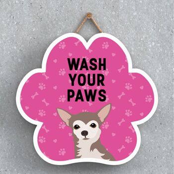 P5578 - Chihuahua Dog Wash Your Paws Katie Pearson Artworks Pawprint Plaque à suspendre 1