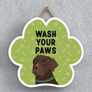 P5580 - Chocolat Labrador Dog Wash Your Paws Katie Pearson Artworks Pawprint Plaque à suspendre 1