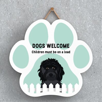 P5583 - Perros Cockapoo dan la bienvenida a los niños con correas Katie Pearson Artworks Pawprint Placa colgante