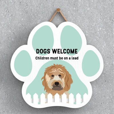 P5585 - Cockapoo Dogs Welcome Children On Leads Katie Pearson Artworks Plaque à suspendre avec empreinte de patte