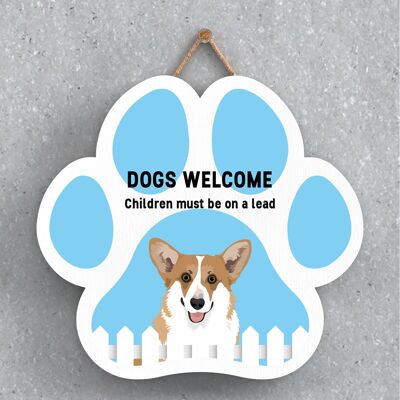 P5589 - Corgi Dogs Welcome Children On Leads Katie Pearson Artworks Placa para colgar con huellas de patas