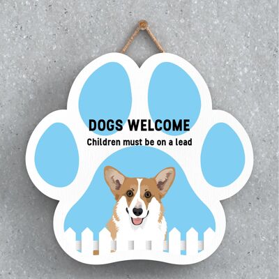 P5589 - Corgi Dogs Welcome Children On Leads Katie Pearson Artworks Pawprint Hanging Plaque