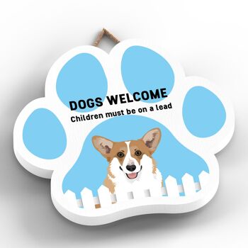 P5589 - Corgi Dogs Welcome Children On Leads Katie Pearson Artworks Plaque à suspendre avec empreinte de patte 2