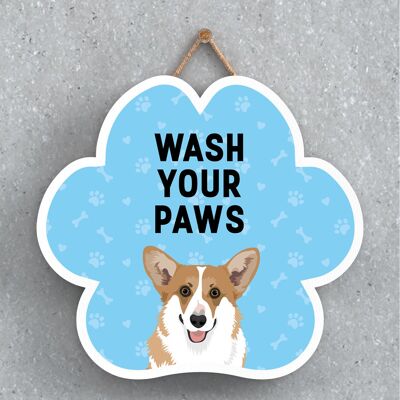 P5590 - Corgi Dog Wash Your Paws Katie Pearson Artworks Placa para colgar con huellas de patas