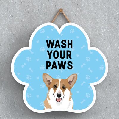 P5590 - Corgi Dog Wash Your Paws Katie Pearson Artworks Pawprint Hanging Plaque