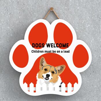 P5591 - Corgi Dogs Welcome Children On Leads Katie Pearson Artworks Plaque à suspendre avec empreinte de patte 1