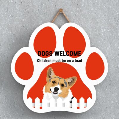 P5591 - Corgi Dogs Welcome Children On Leads Katie Pearson Artworks Pawprint Hanging Plaque