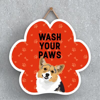 P5592 - Corgi Dog Wash Your Paws Katie Pearson Artworks Placa colgante con huellas de patas