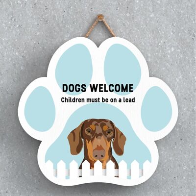 P5593 - Perros Dachshund dan la bienvenida a los niños con correa Katie Pearson Artworks Pawprint Placa colgante