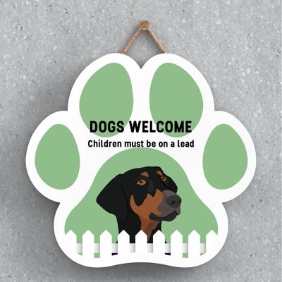 P5597 - I cani Doberman danno il benvenuto ai bambini al guinzaglio Katie Pearson Opere d'arte Pawprint Placca da appendere