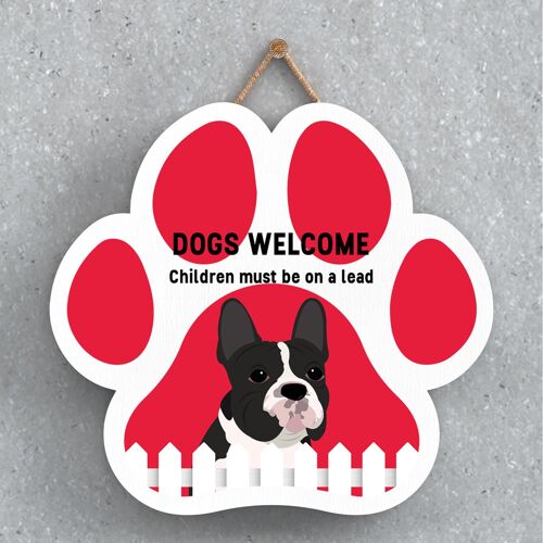 P5603 - French Bulldog Dogs Welcome Children On Leads Katie Pearson Artworks Pawprint Hanging Plaque