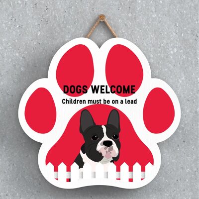 P5603 - I cani Bulldog francesi accolgono i bambini al guinzaglio Katie Pearson Artworks Pawprint Hanging Plaque