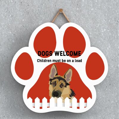P5605 - I cani da pastore tedesco danno il benvenuto ai bambini al guinzaglio Katie Pearson Opere d'arte Pawprint Placca da appendere