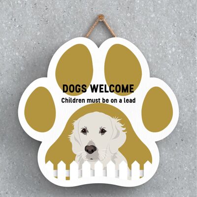 P5607 - I cani Golden Retriever danno il benvenuto ai bambini al guinzaglio Katie Pearson Opere d'arte Pawprint Placca da appendere