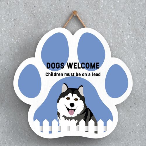 P5613 - Husky Dogs Welcome Children On Leads Katie Pearson Artworks Pawprint Hanging Plaque