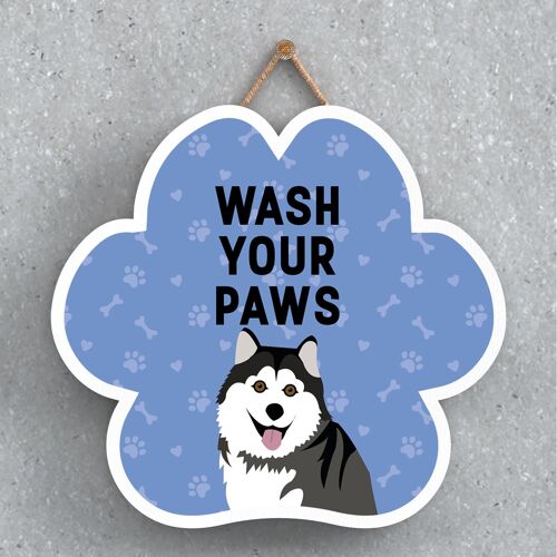 P5614 - Husky Dog Wash Your Paws Katie Pearson Artworks Pawprint Hanging Plaque