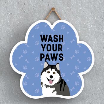 P5614 - Husky Dog Wash Your Paws Katie Pearson Artworks Plaque à suspendre avec empreinte de patte 1