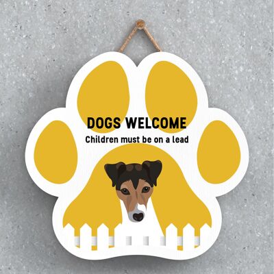 P5615 – Jack Russell Hunde begrüßen Kinder an der Leine Katie Pearson Artworks Pawprint Hanging Plaque