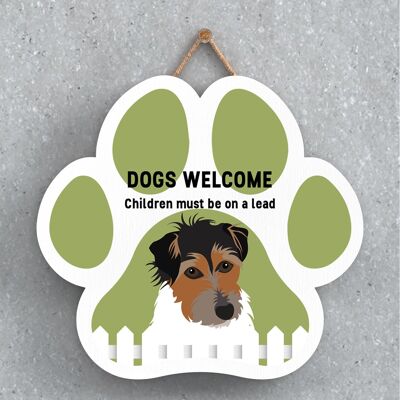 P5617 – Jack Russell Hunde begrüßen Kinder an der Leine Katie Pearson Pawprint Hanging Plaque