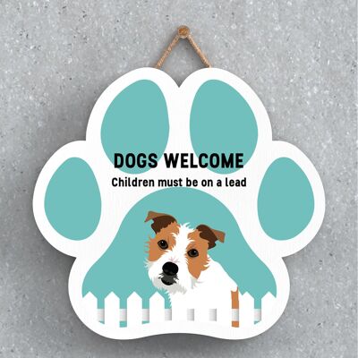 P5619 – Jack Russell Hunde begrüßen Kinder an der Leine Katie Pearson Artworks Pawprint Hanging Plaque